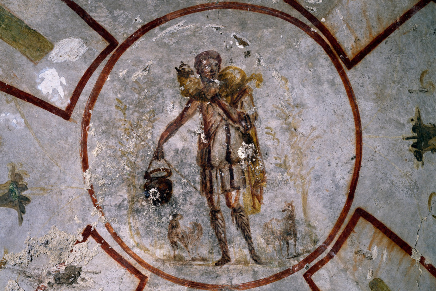 Włochy, ok. 2002: Dobry Pasterz, fresk, katakumby Kaliksta, Rzym. Włochy, III w. (foto DeAgostini/Getty Images)