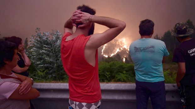 Mężczyzna patrzy na pożar trawiący lasy w Portugalii