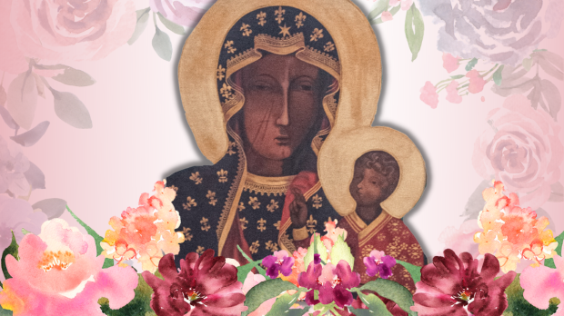 Matka Boża Jasnogórska w otoczeniu kwiatów