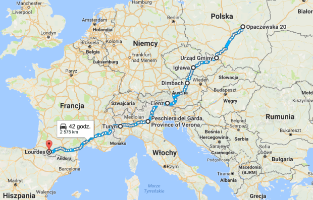 trasa pielgrzymki rowerowej Andrzeja Łukasika do Lourdes