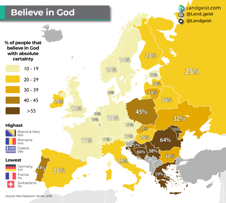 Mapa mostra número de habitantes que acreditam em Deus com absoluta certeza