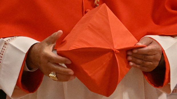 kardynał trzyma w dłoniach biret