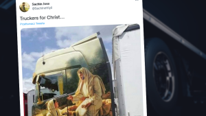 obraz rozmowy Jezusa z Samarytanką namalowany na kabinie ciężarówki