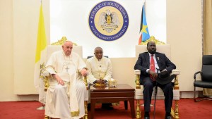 Pope Francis meeting with South Sudan's President Salva Kiir at the Juba International Airport in Juba South Sudan