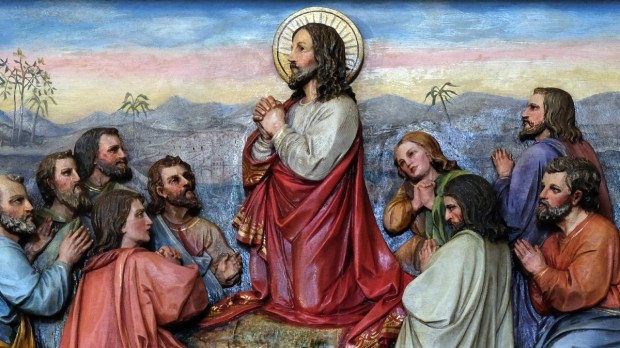 Jezus i apostołowie modlą się na Górze Oliwnej