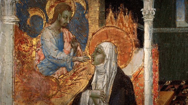 "Święta Katarzyna ze Sieny otrzymuje Komunię z rąk Chrystusa" - obraz Giovanniego di Paolo (XIV w.)