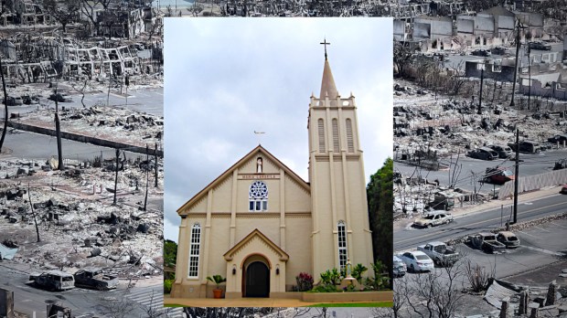 Maria Lanakila Catholic Church and devastation in town of Lahaina, Maui