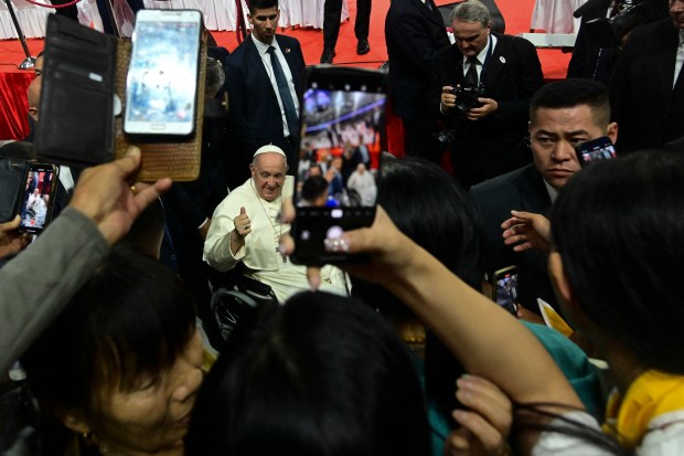 Pope Francis leaves following Holy Mass at the Steppe Arena in Ulaanbaatar