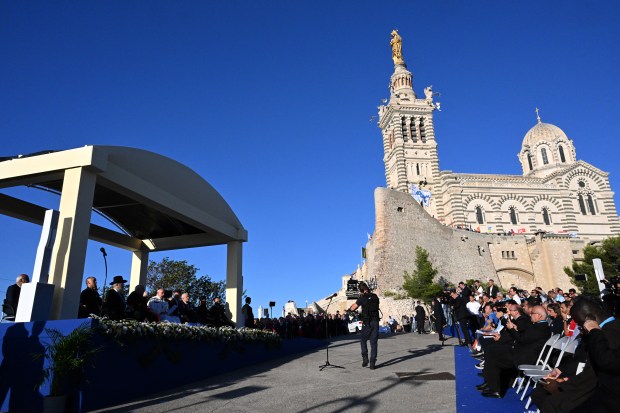 Pope Francis during a homage at the memorial dedicated to sailors and migrants lost at sea at the Basilica of Notre-Dame de la Garde in Marseille